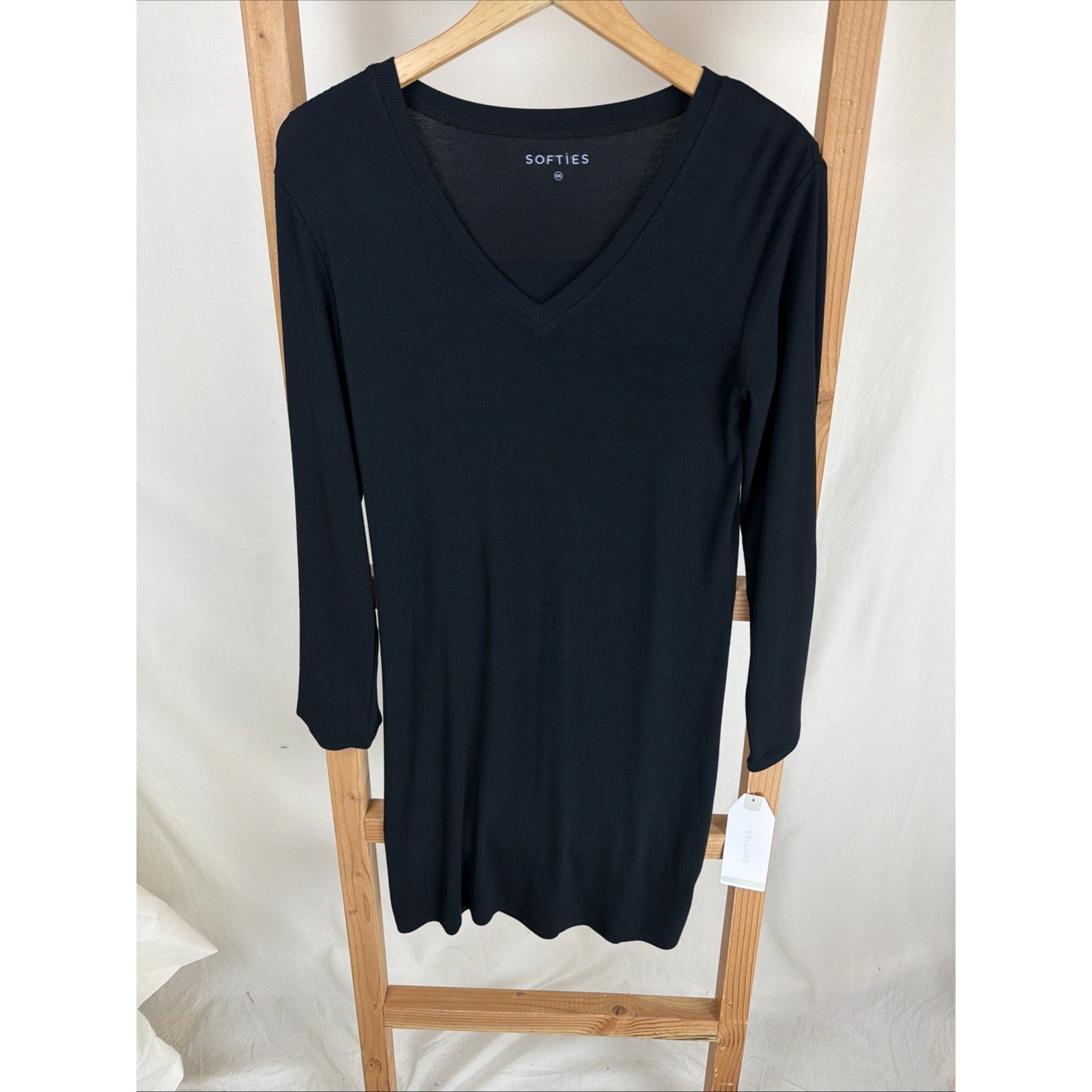 Nwt Softies Black Long Sleeve V-Neck Lightweight Midi Nightgown #0967 Xs